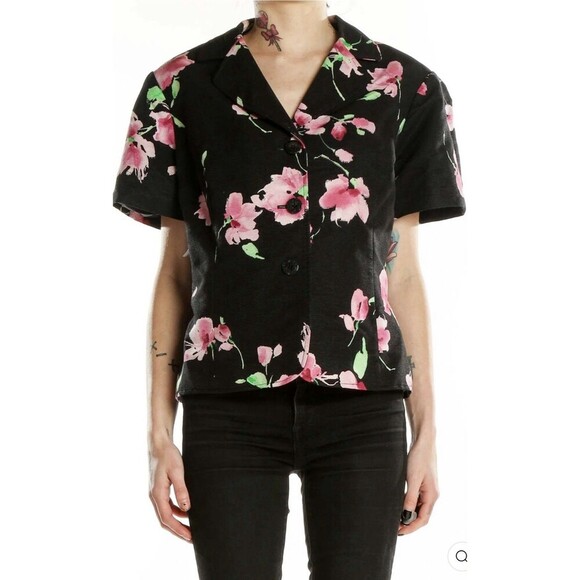 St. John Blazer Jacket Floral Print  Black Pink Short Sleeve Career Silk Size 14 - Picture 1 of 10